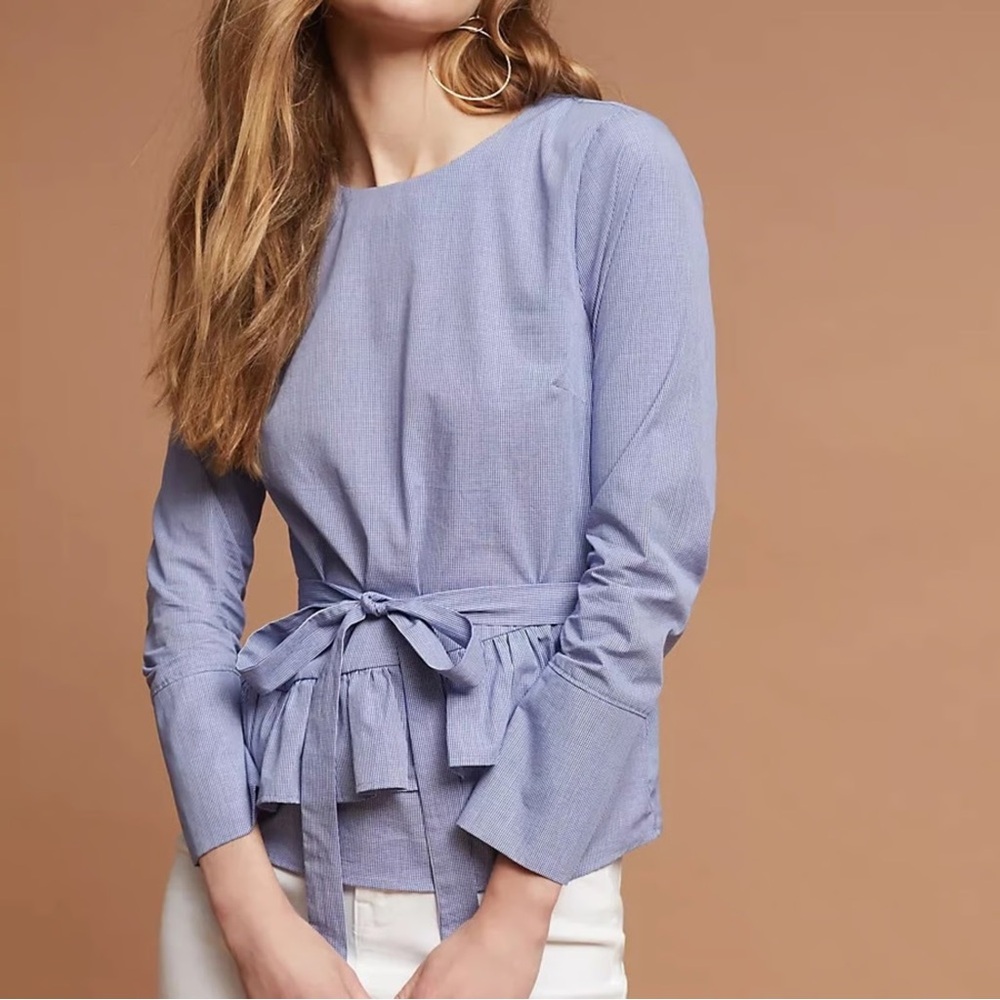 Maeve Anthropologie Ramona Ruffled Light Blue Gingham Blouse with Tie Waist